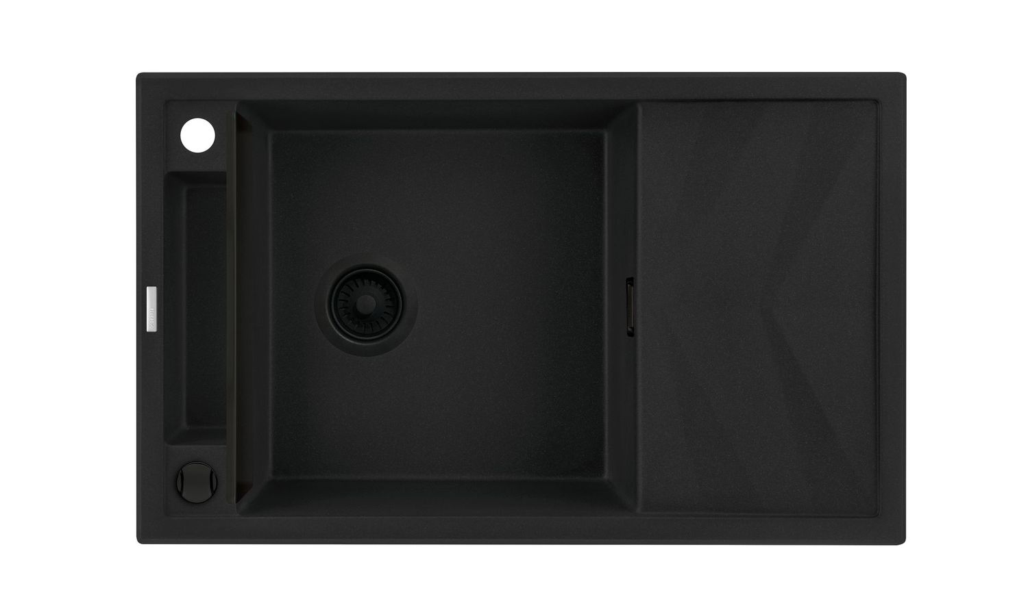 Évier de cuisine encastrable simple bac avec égouttoir granit Deante Magnetic 82 x 50 cm en noir mat avec vidage automatique