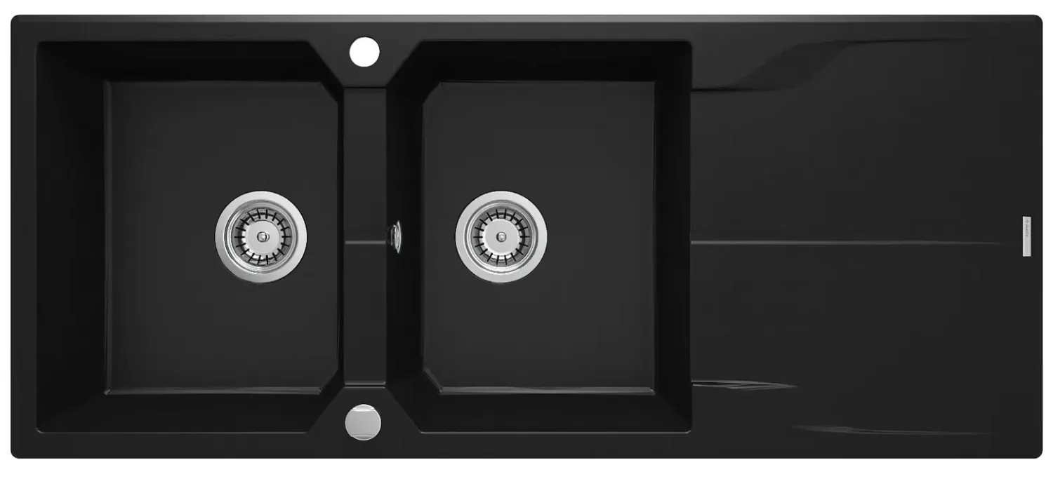 Évier de cuisine encastrable double bac granit Deante Andante 116 x 50 cm en noir avec vidage télescopique gain de place