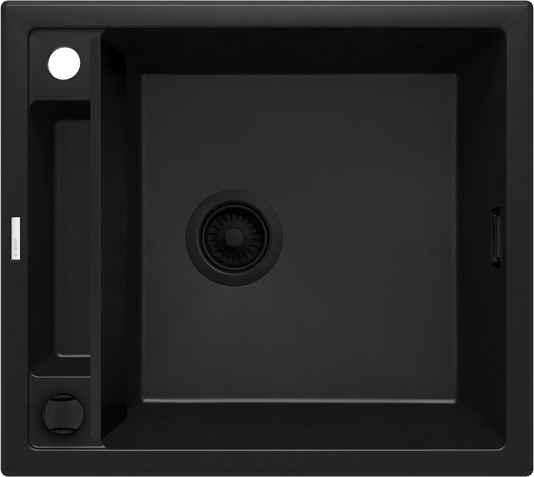 Évier de cuisine encastrable simple bac granit Deante Magnetic 56 x 50 cm en noir mat avec vidage automatique