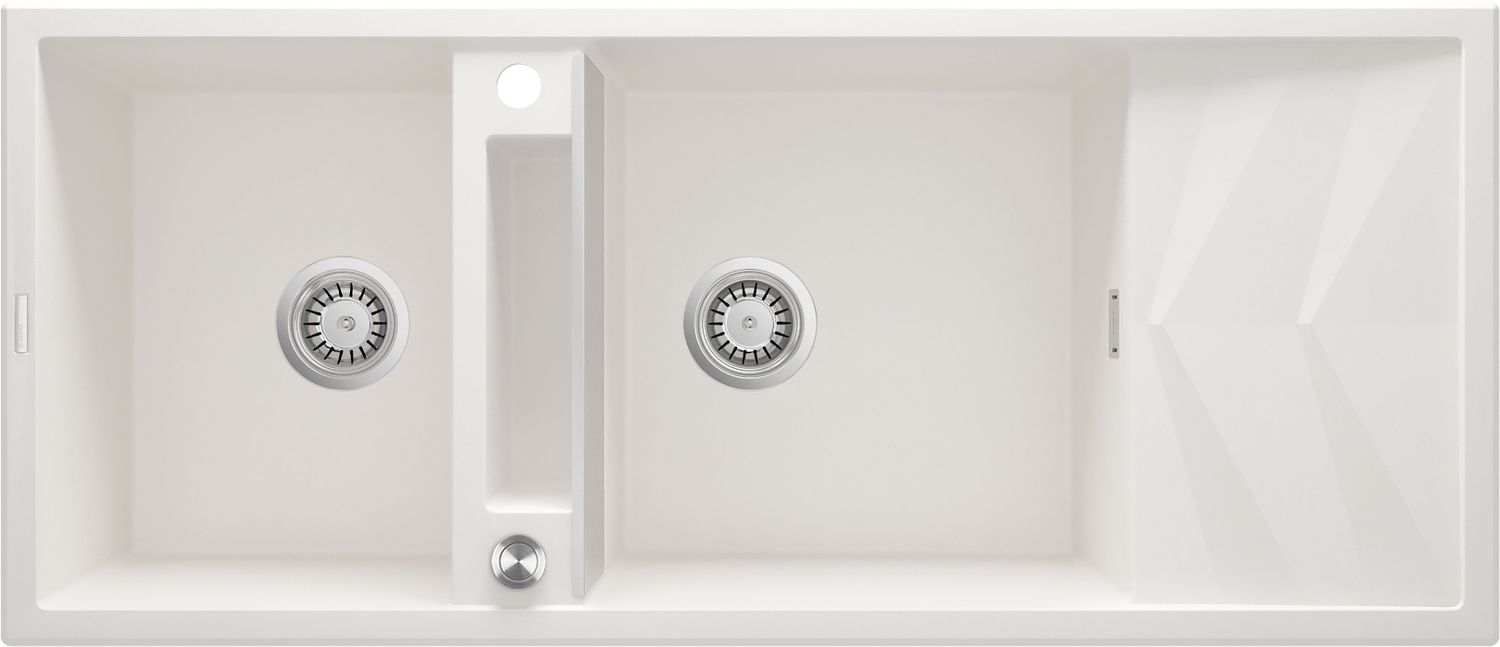 Évier de cuisine encastrable double bac granit Magnétique Deante 116 x 50 cm en alabaster avec vidage télescopique gain de place
