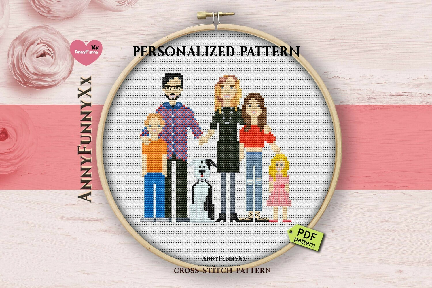 Personalized custom family portrait cross stitch pattern PDF