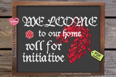 Cross stitch pattern PDF, Roll for initiative, Welcome to our home Xstitch Needlepoint embroidery design handmade DIY