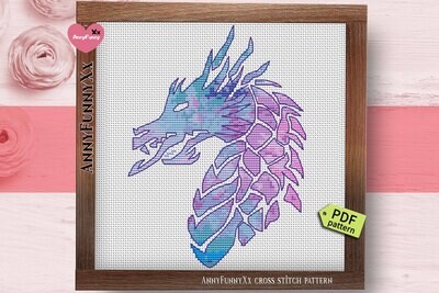 Fantasy Dragon head counted cross stitch pattern PDF Purple magic Needlepoint design Mystic creatures