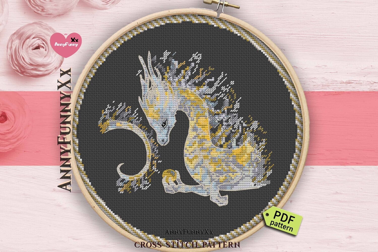 White dragon counted dross stitch pattern PDF Fantasy and magic needlepoint embroidery design handmade DIY