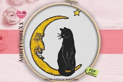 Black cat with moon counted cross stitch pattern PDF, Primitive Halloween needlepoint embroidery design handmade, Vintage style XStitch