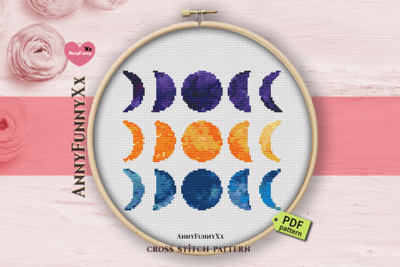 Crescent Moon phase cross stitch pattern Counted PDF Needlepoint stitch embroidery patterns Handmade DIY DMC color