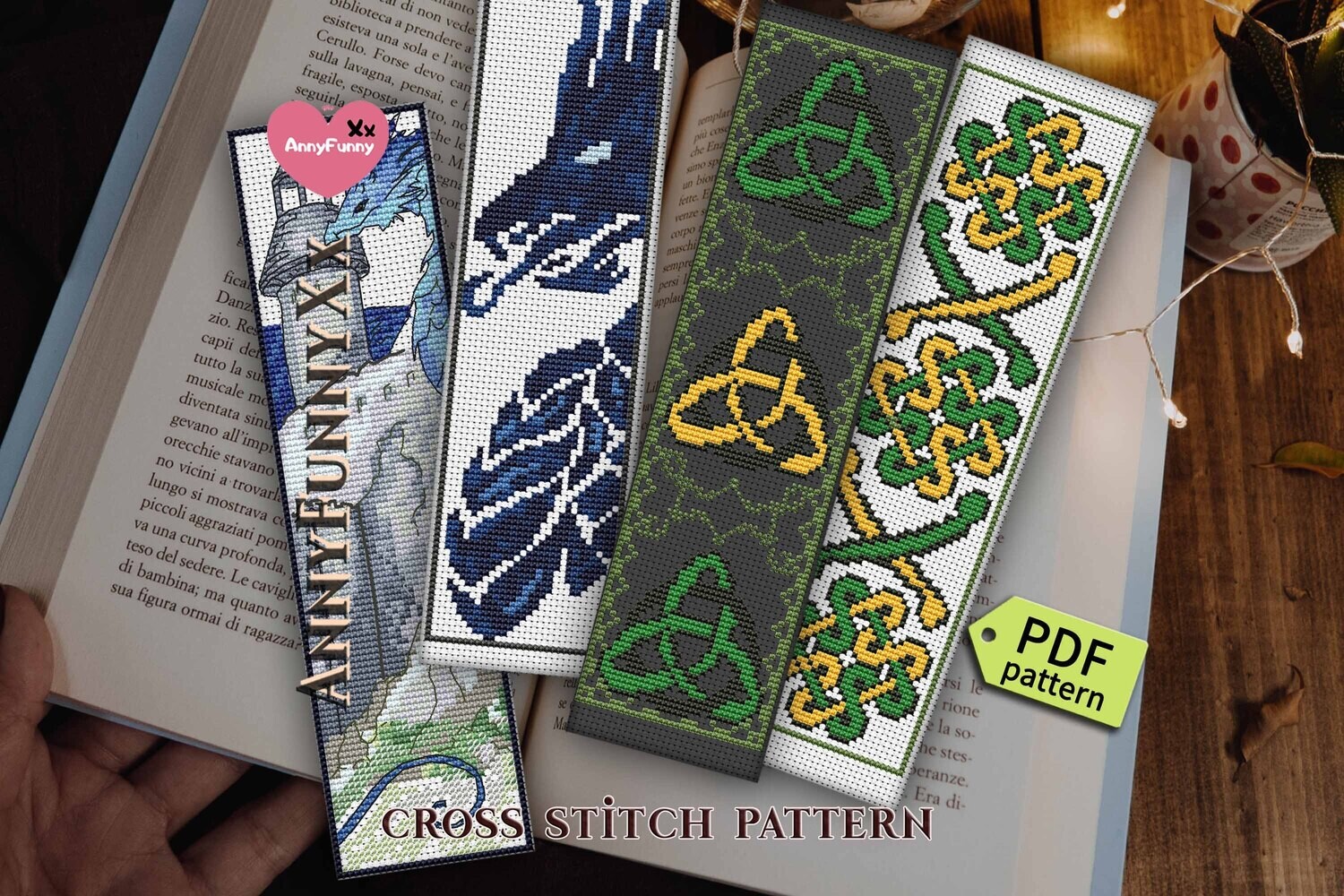 Bookmark bundle Celtic dragon Counted cross stitch pattern PDF, Fantasy bookmark set of 4