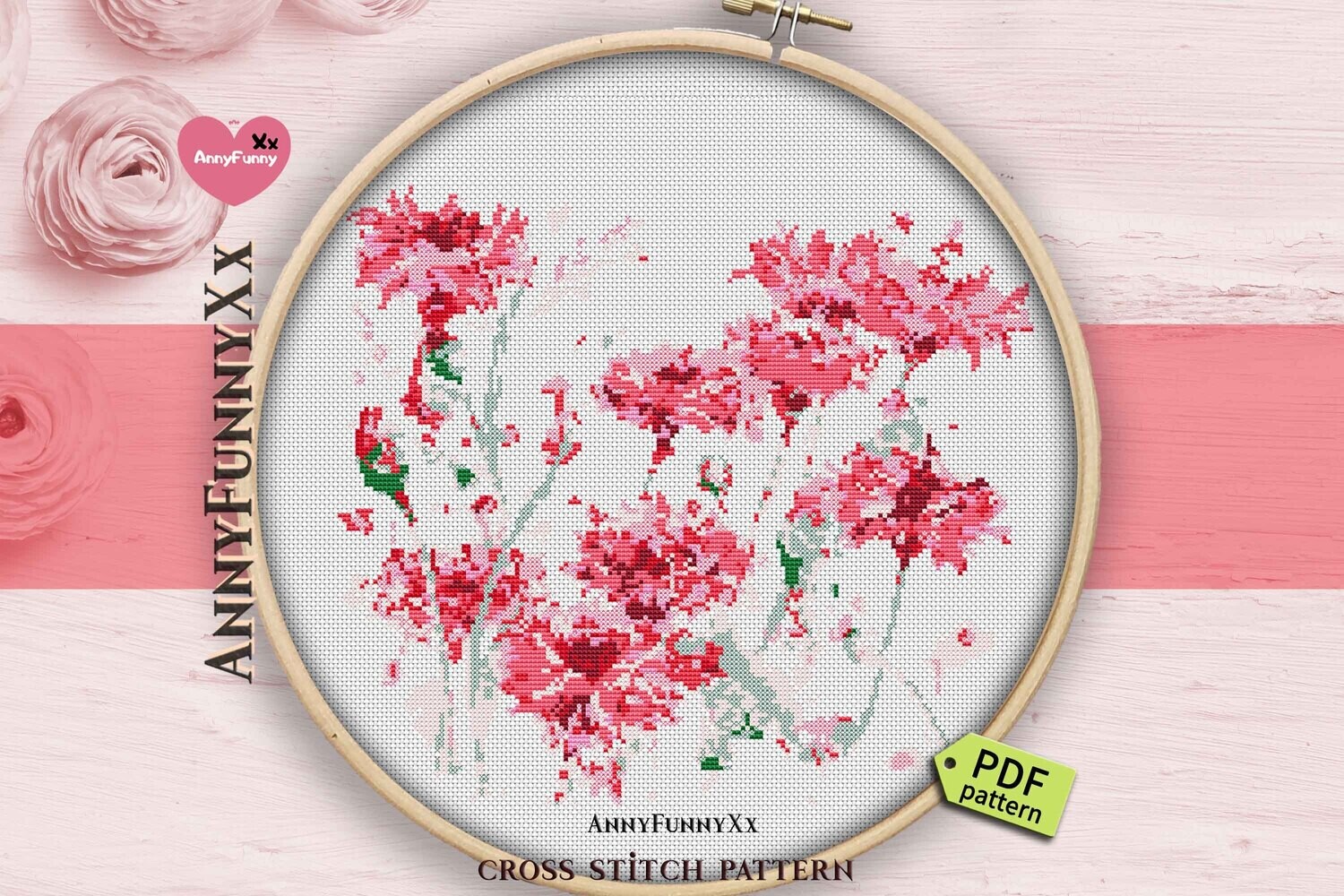 Pink flowers cross stitch pattern PDF Watercolor carnation Needlepoint design Handmade DIY