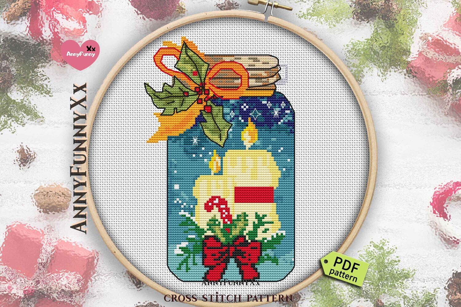 Christmas candle cross stitch patterns Mason jar Counted cross stitch pattern PDF XStitch mini bottle Xmas bottle chart