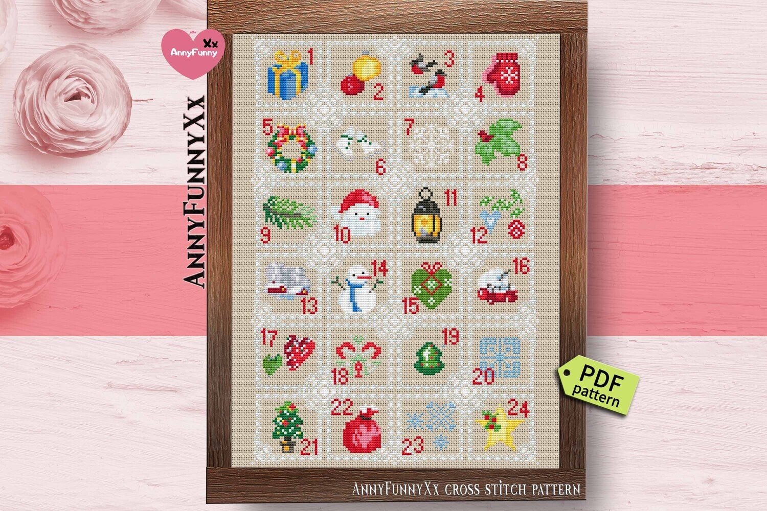 Advent calendar cross stitch pattern PDF Christmas decorations handmade Needlepoint embroidery design