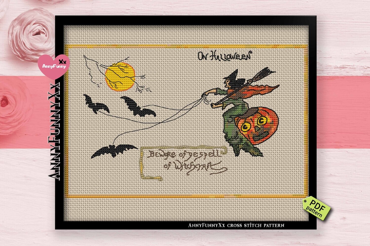 Primitive Halloween cross stitch pattern PDF, witch embroidery design handmade, Vintage style XStitch