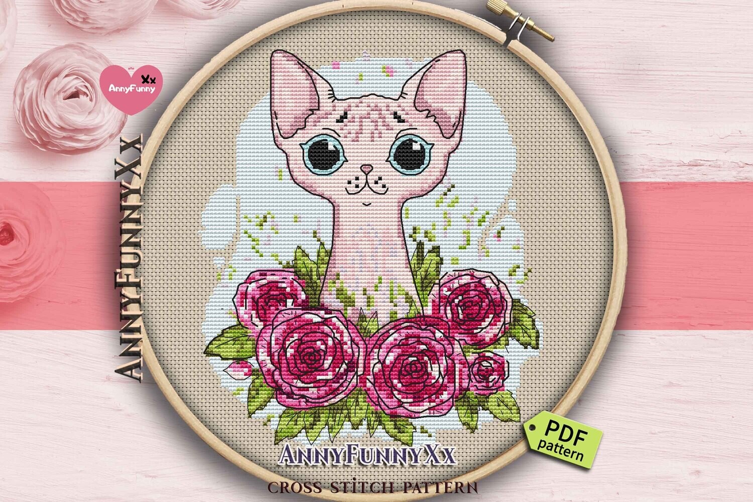 Sphynx cat Cross stitch pattern PDF Hairless cat cr Occult Cross-Stitch embroidery design Kitty in flowers