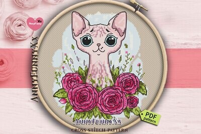Sphynx cat Cross stitch pattern PDF Hairless cat cr Occult Cross-Stitch embroidery design Kitty in flowers