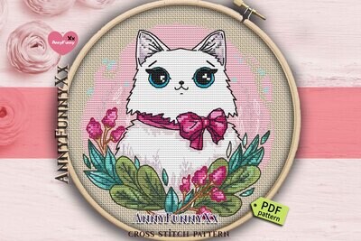White cat with blue eyes Cross stitch pattern PDF Floral embroidery design Gift for cat lovers  Funny cat lover gift