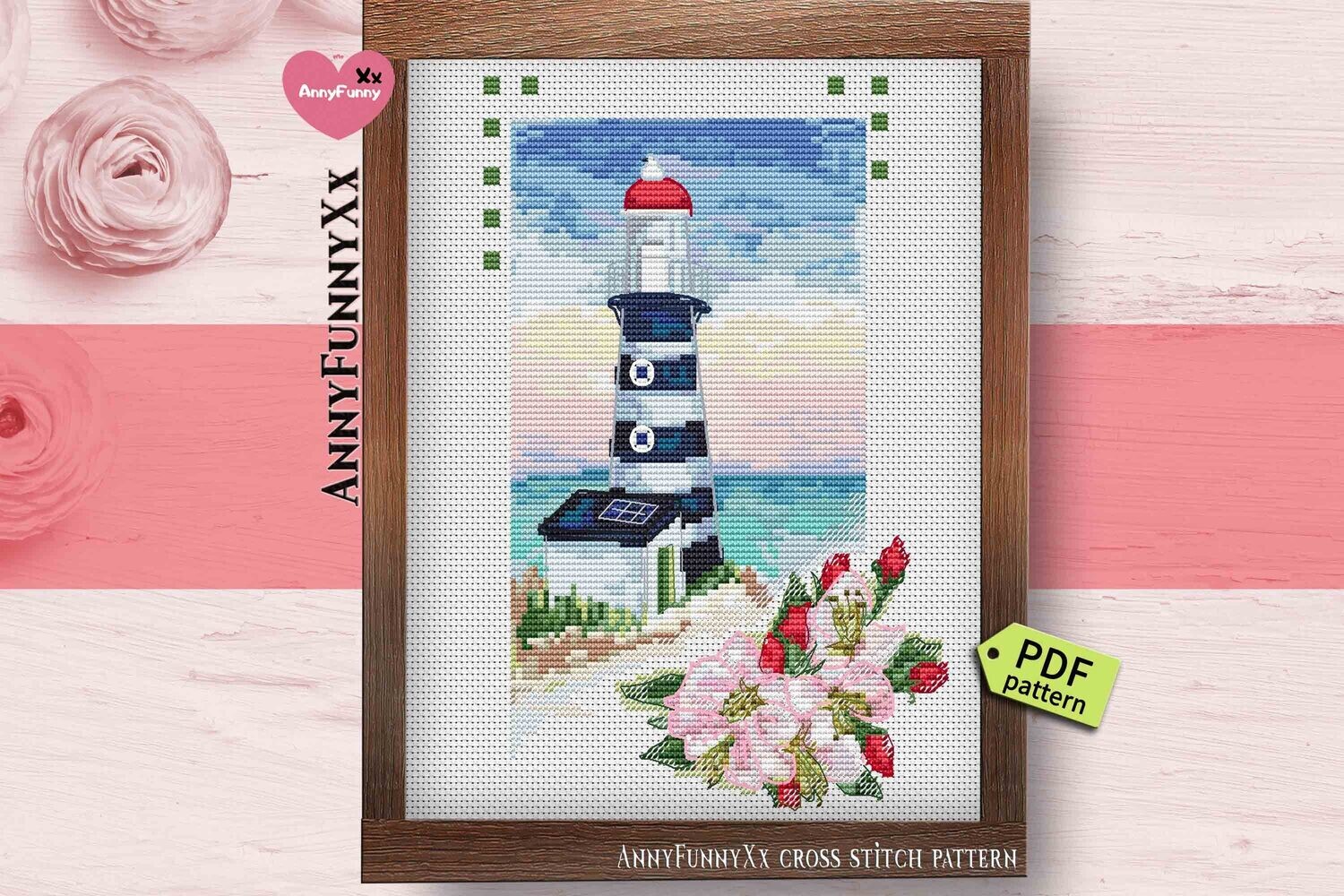 Lighthouse with flowers cross stitch patterns PDF Digital download handmade gift DIY