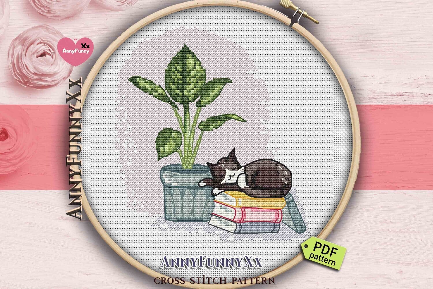 Cute little cat cross stitch pattern PDF Cats and books cross-stitch Instant download Embroidery design Birthday gift Beginner needlepoint