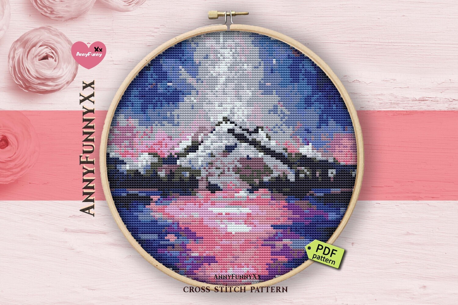 Mountain Cross stitch pattern PDF Nature Milky Way Galaxy cross-stitch patterns needlepoint embroidery design Pink and gray landscape