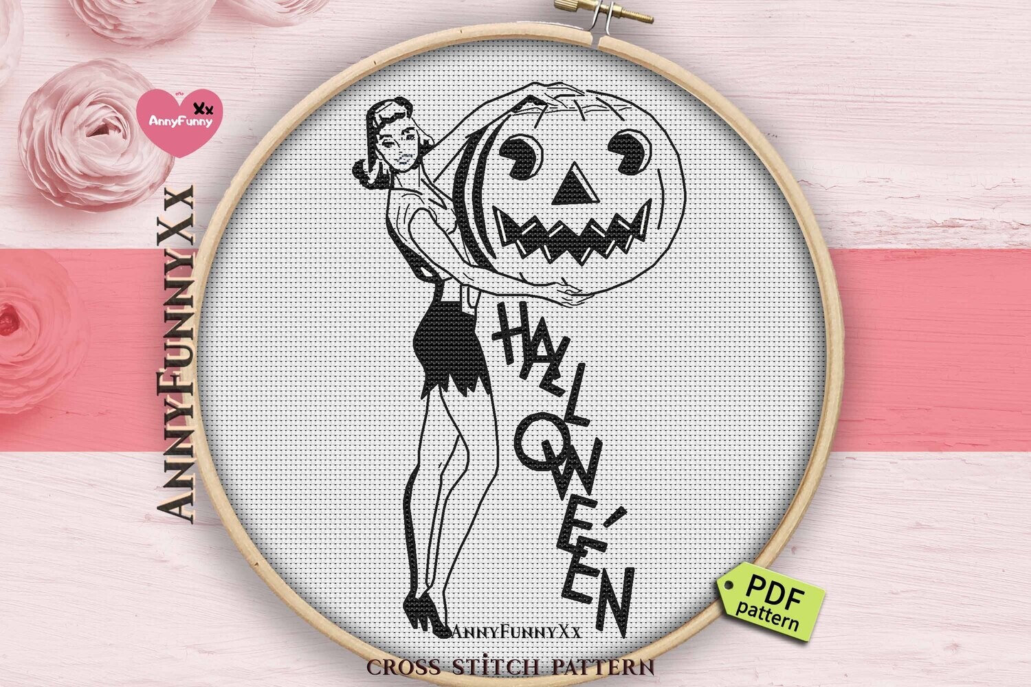 Halloween vintage style cross stitch Black and white pumpkin cross-stitch Vintage style needlepoint Retro counted Witch Embroidery
