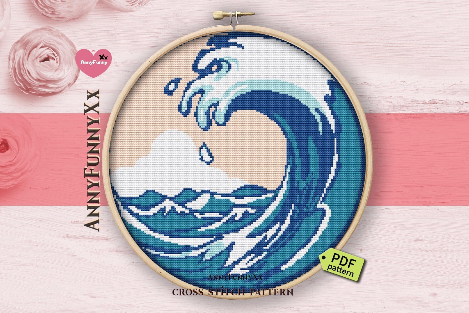 Nature cross stitch pattern PDF Ocean wave Seascape needlepoint embroidery design handmade DIY Nautical for baby boy Sea home decor