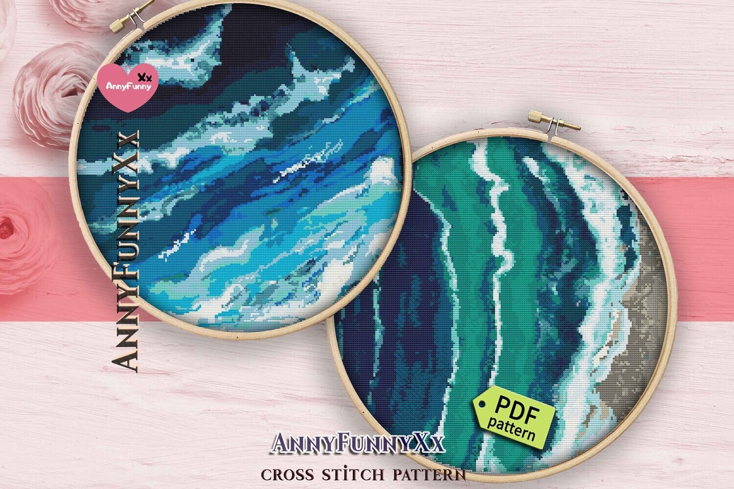 SPECIAL OFFERS Set of 2 Ocean wave Seascape cross stitch pattern PDF Blue landscape embroidery stitching Blue waves