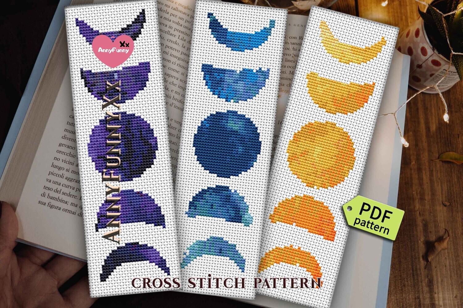 Set of 3 Moon phase bookmark cross stitch pattern PDF, Embroidery design handmade Gift for men Digital bundle