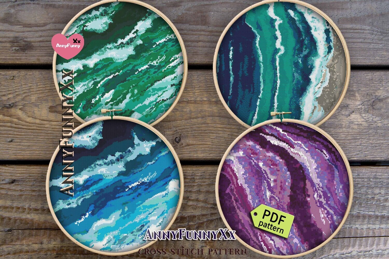Set of 4 Ocean cross stitch pattern PDF,  Blue waves Xstitch, Nature needlepoint embroidery design handmade DIY Bundle, Gift for dad and boyfriend
