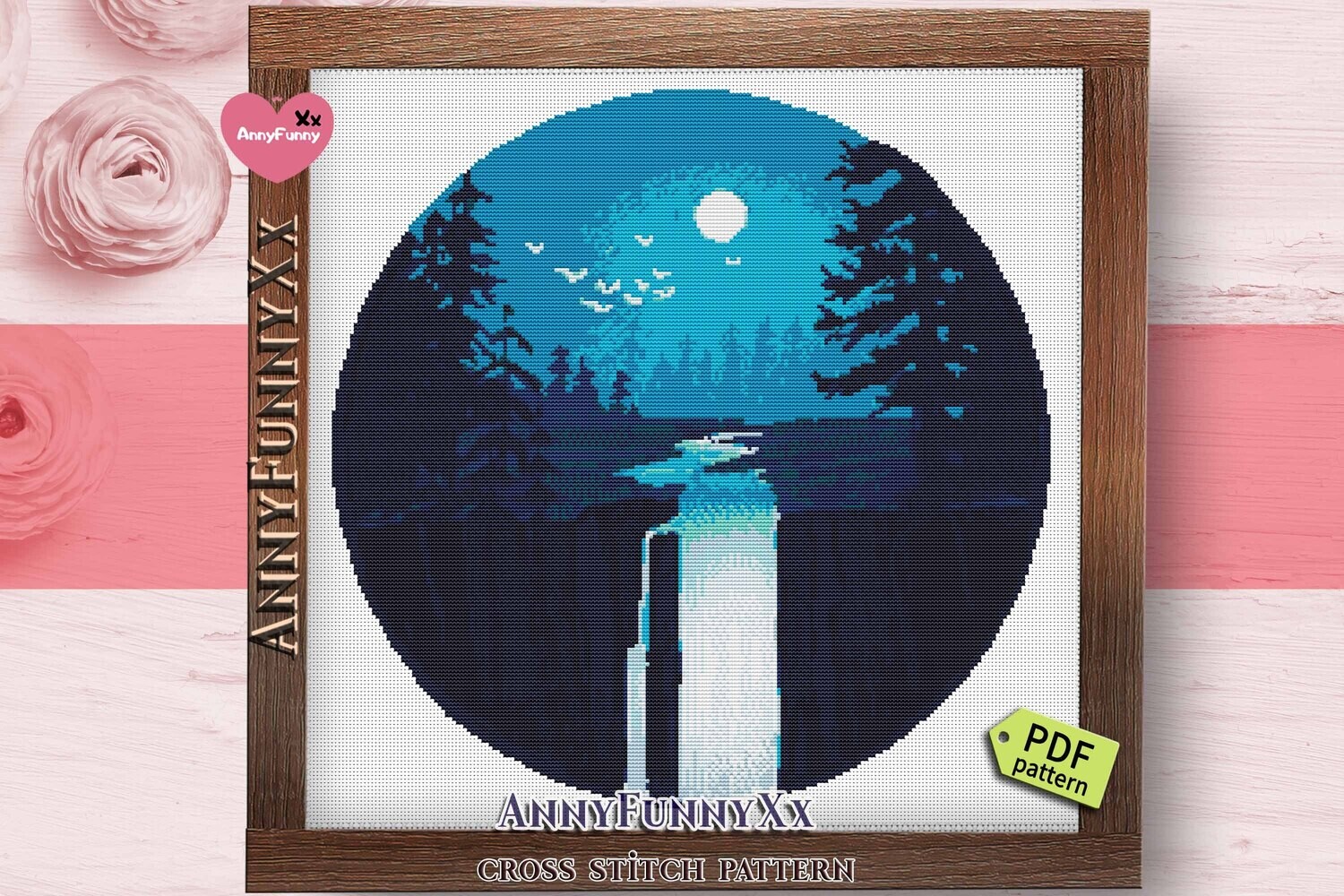 Forest waterfall cross stitch pattern PDF Night Contemporary Nature needlepoint embroidery design handmade DIY Bundle, Gifts for boyfriend