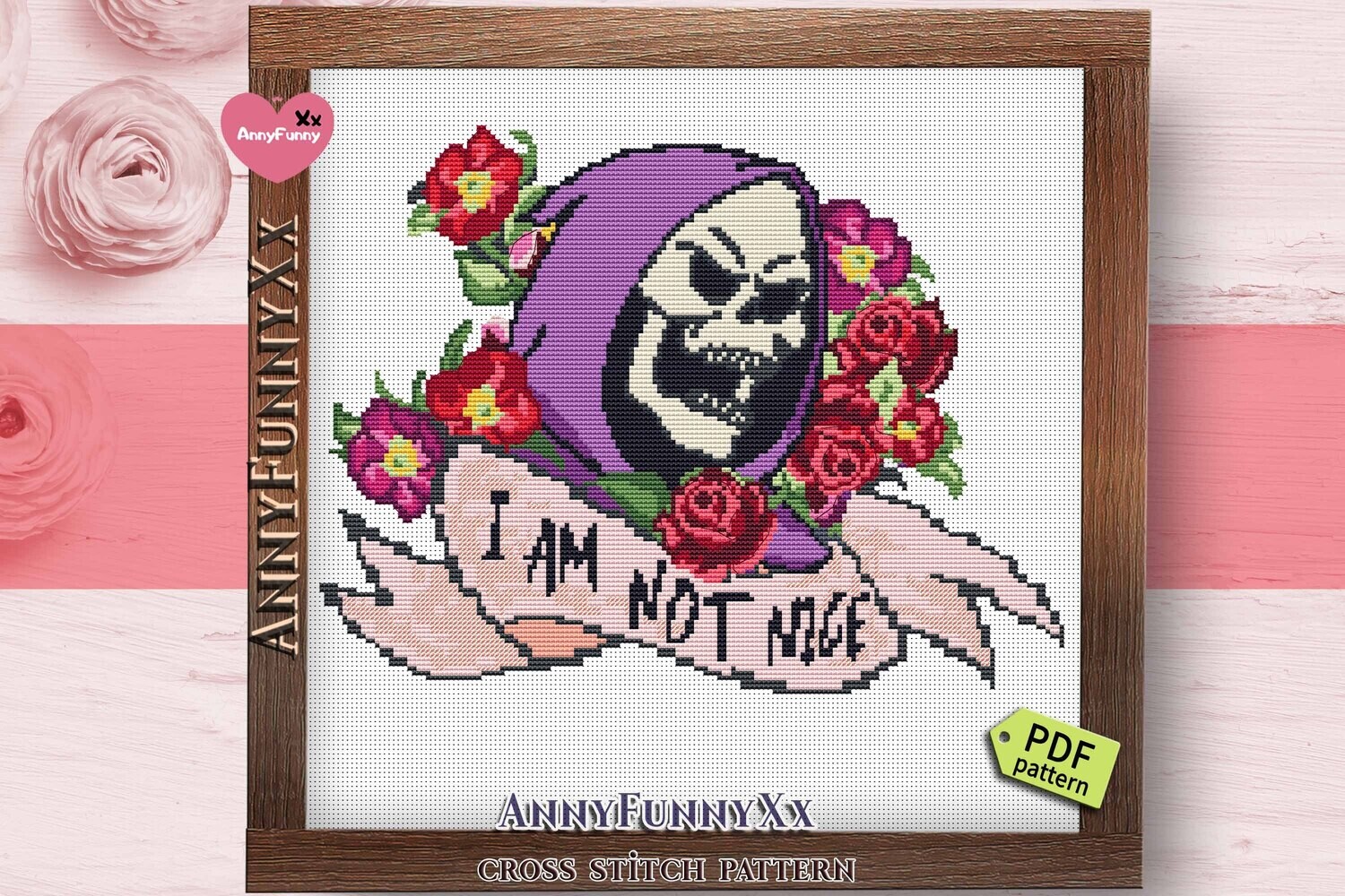 Live Laugh Love Cross stitch pattern PDF Skeleton flowers Funny Subversive I am not nice, DIY Gift for dad Fantasy gifts for boyfriend