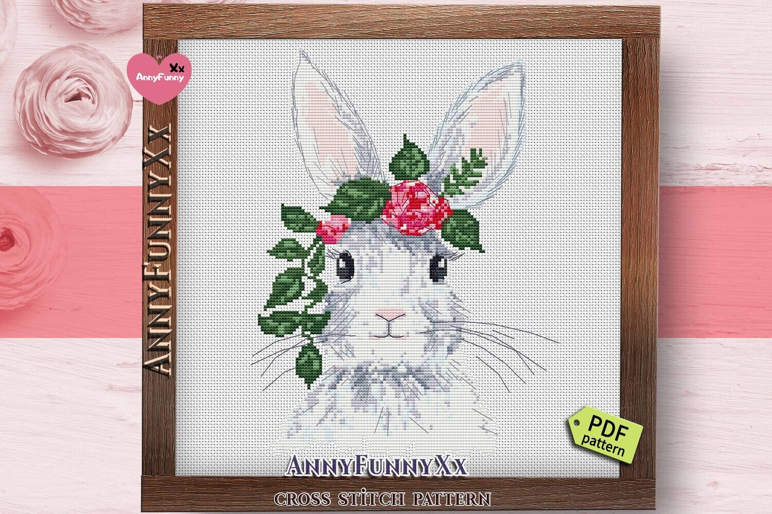 Bunny with flowers cross stitch PDF Needlepoint embroidery white rabbit design Farm animal nursery decor for kids Girl room Counted Xstitch