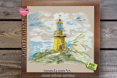 Yellow Lighthouse cross stitch pattern PDF Birthday gift for dad Needlepoint chart Watercolor Gifts for boyfriend Lighthouse decor