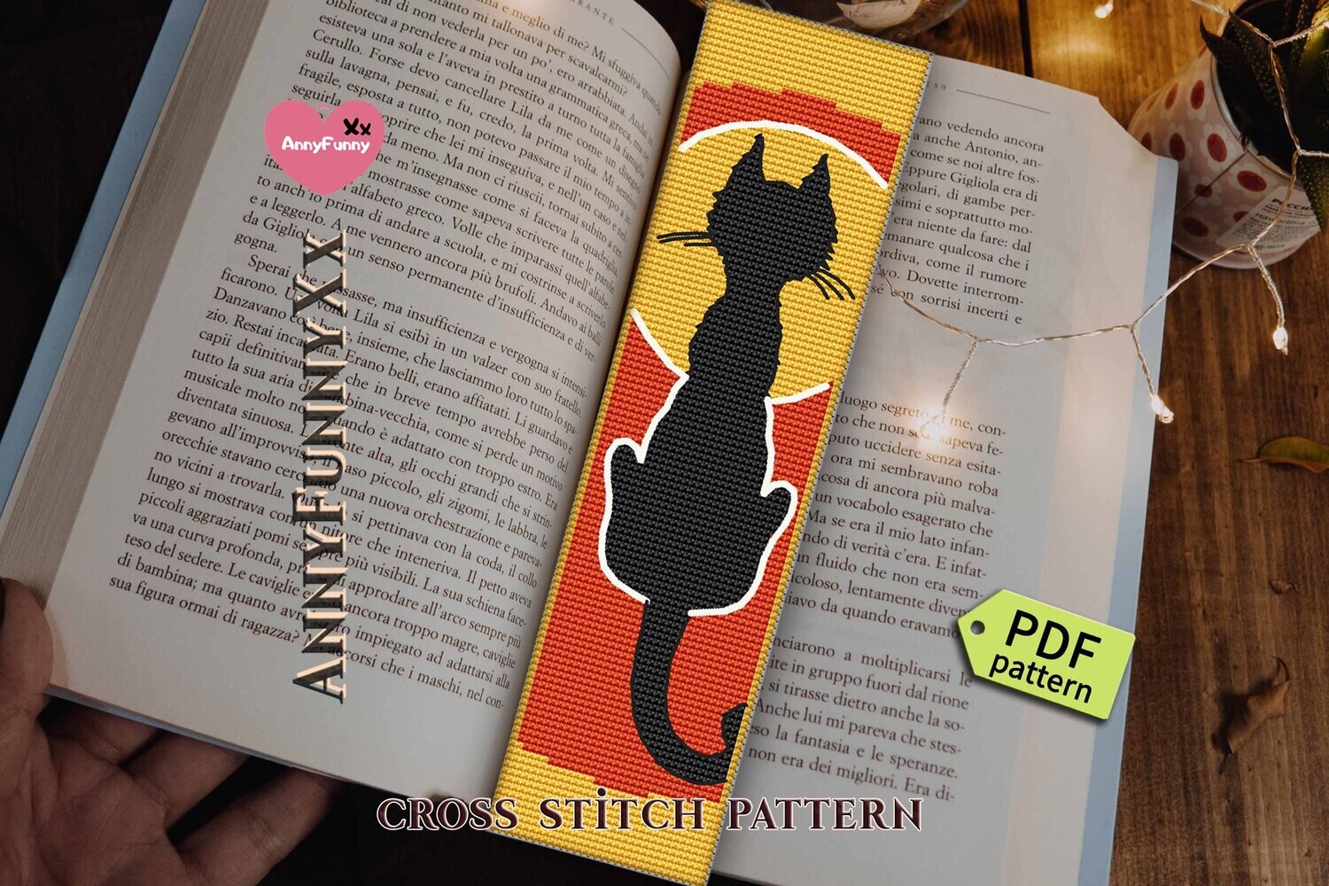 Black cat bookmark cross stitch pattern PDF Primitive Halloween needlepoint embroidery design handmade, Vintage style XStitch Witch cat