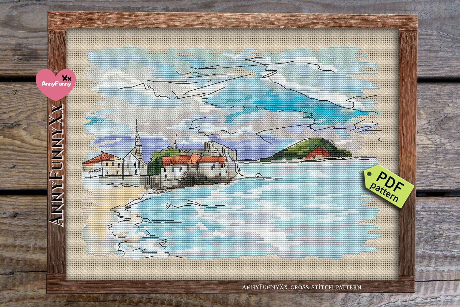 Old Town counted cross stitch PDF pattern Summer seascape cross-stitch Montenegro seaside landscape Rustic Summer embroidery design
