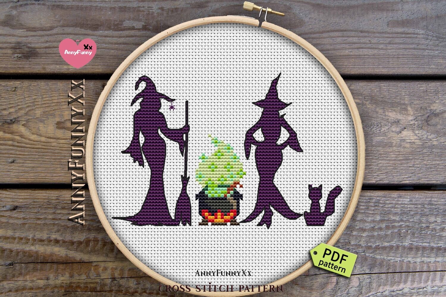 Witch with cat Halloween cross stitch pattern PDF, Witches embroidery design handmade, Wicca goth Witchcraft autumn black cat lover gift