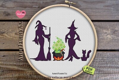 Witch with cat Halloween cross stitch pattern PDF, Witches embroidery design handmade, Wicca goth Witchcraft autumn black cat lover gift