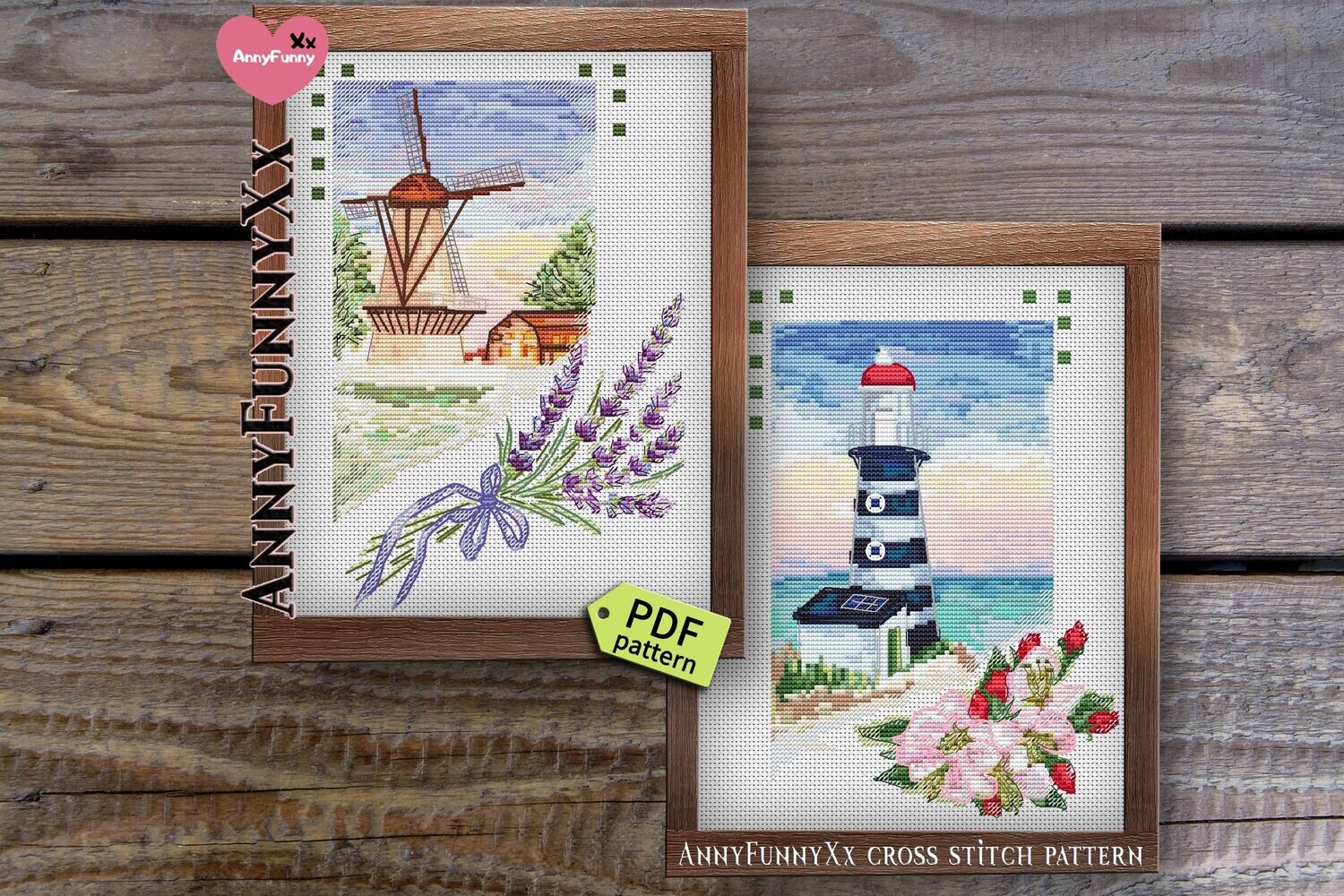 Set of 2 cross stitch pattern PDF Lighthouse and Mill Flower authentic dutch windmills Birthday gift Beginner easy needlepoint download