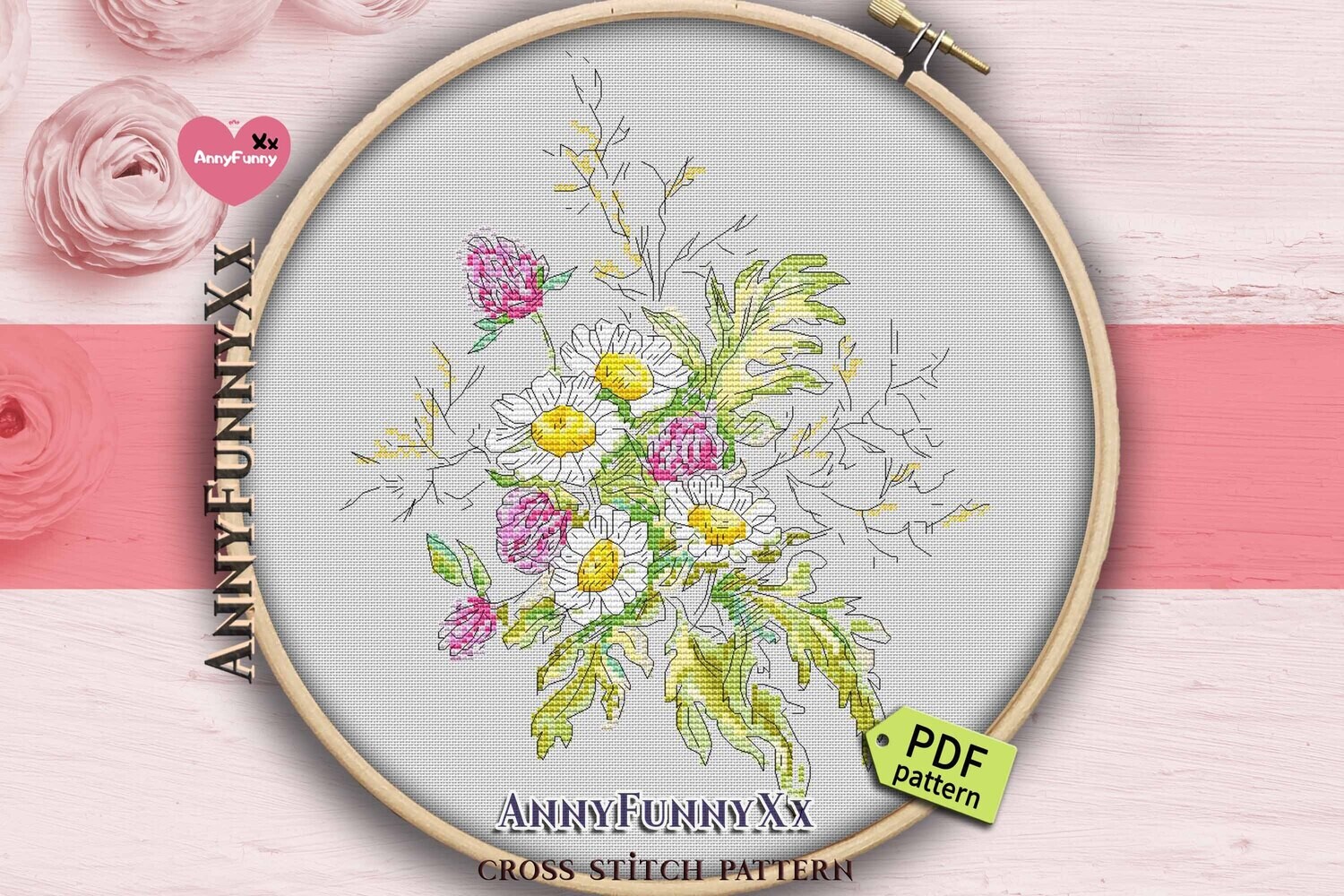 Dandelion counted cross stitch pattern PDF, Wildflowers needlepoint embroidery flowers bouquets Watercolor flower DIY gift for grandma
