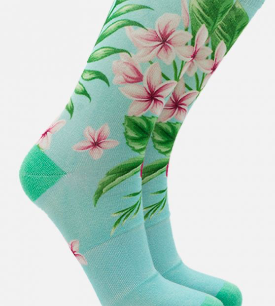 Women's Bamboo Printed Trouser Socks - Hibiscus Floral Aqua