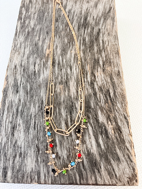 Multi Color Mini Bead + Gold Link Necklace