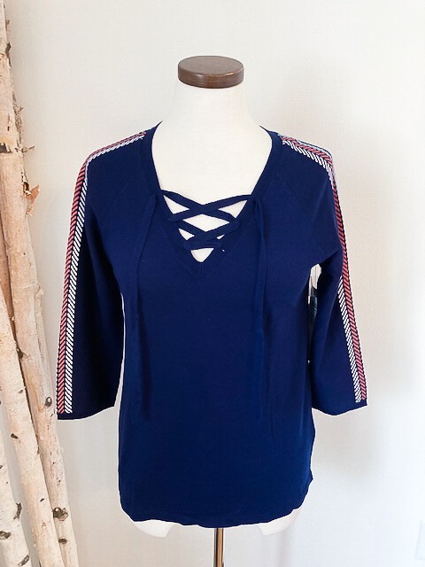 TRIBAL Navy Sweater w/ Herringbone Stripe on 3/4 Sleeve
