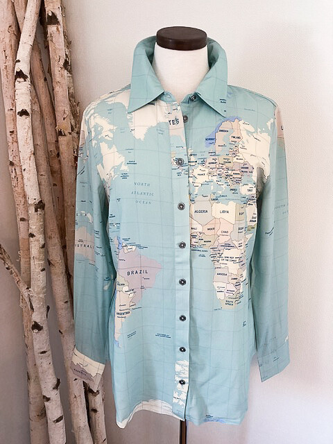 CHARLIE B World Map Long Sleeve Blouse in Mint Green