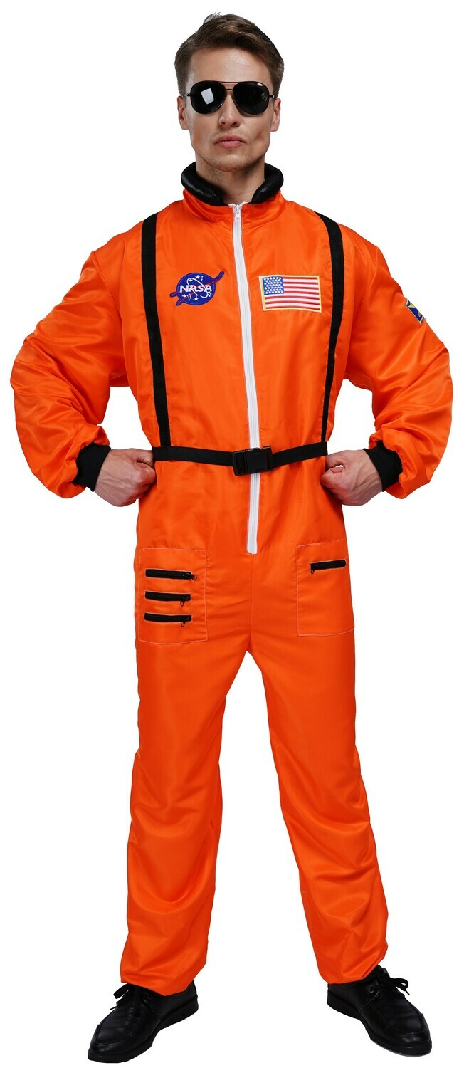 Orange Astronaut Jumpsuit for Adults with Embroidered Patches and Pockets