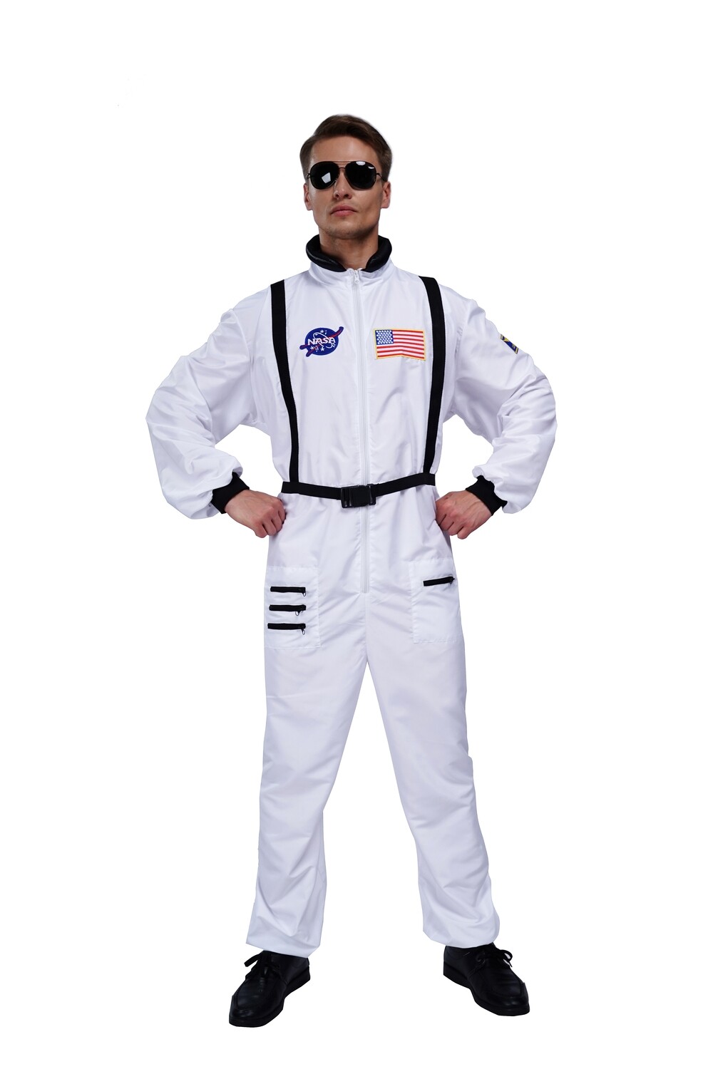White Astronaut Jumpsuit for Adults with Embroidered Patches and Pockets