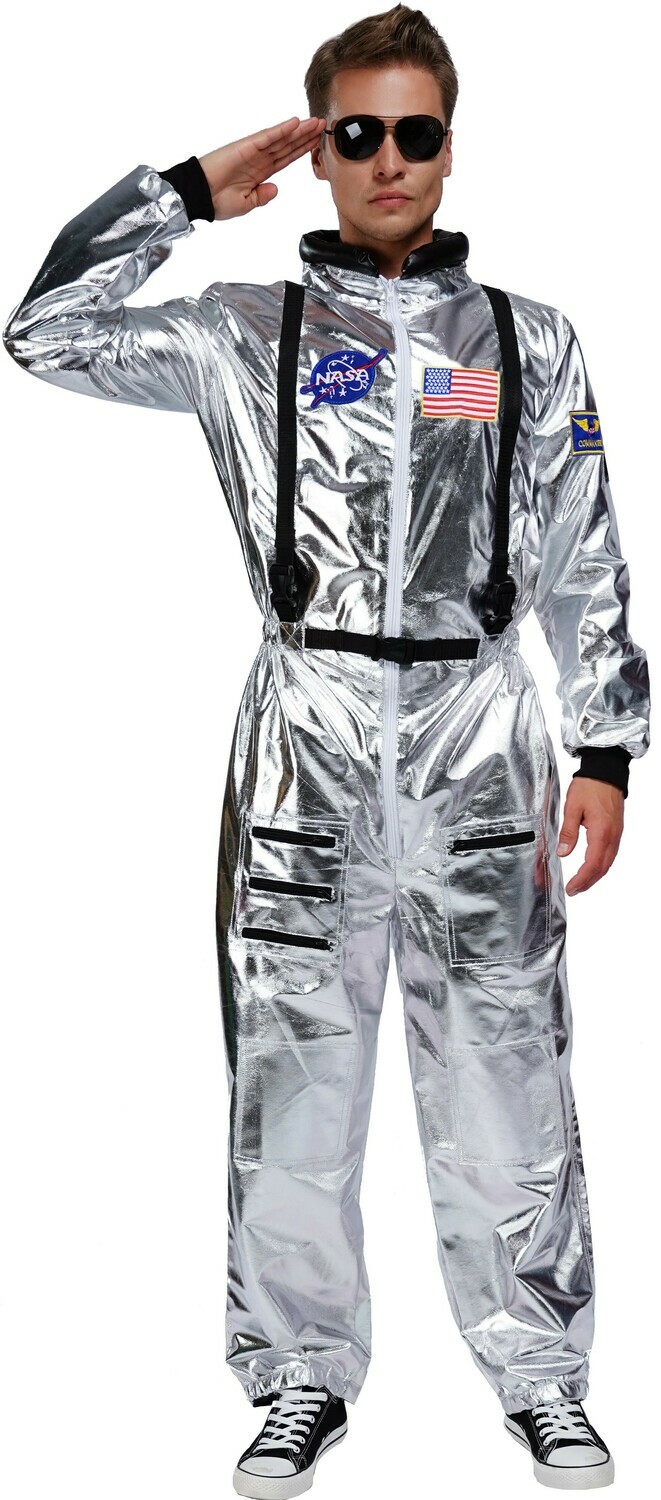 Silver Astronaut Jumpsuit for Adults with Embroidered Patches and Pockets