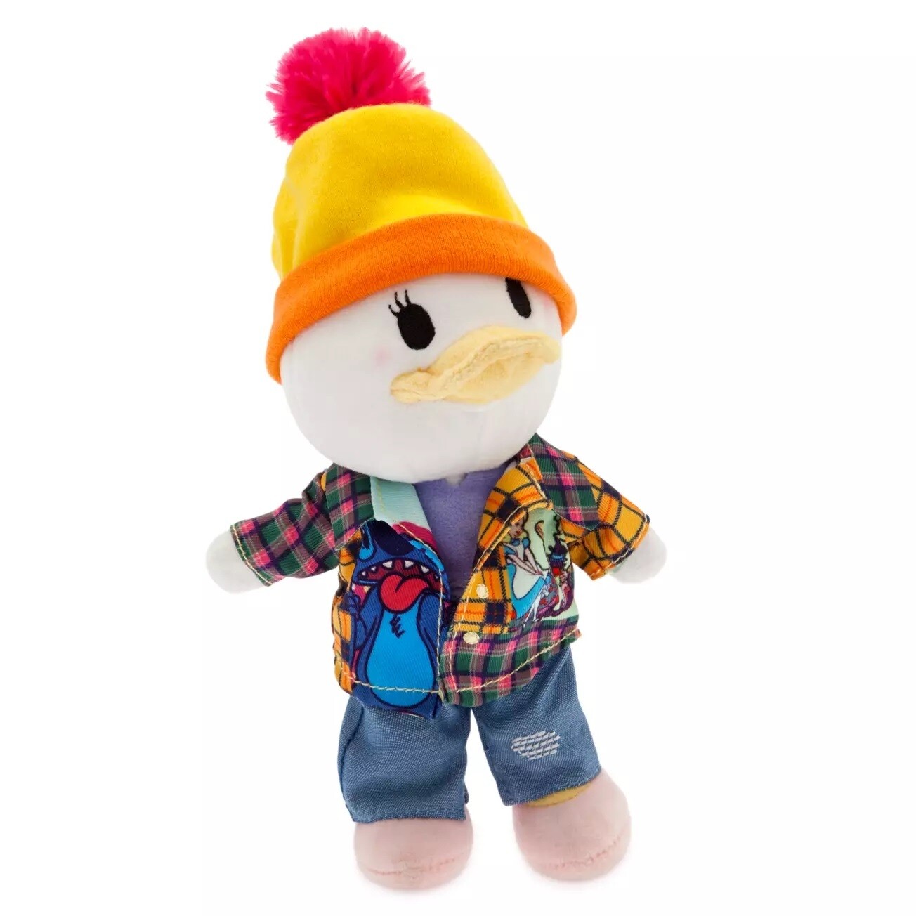 nuiMOs Outfit – Plaid Shirt with Character Art and Denim Jeans with Pom Pom Hat Set