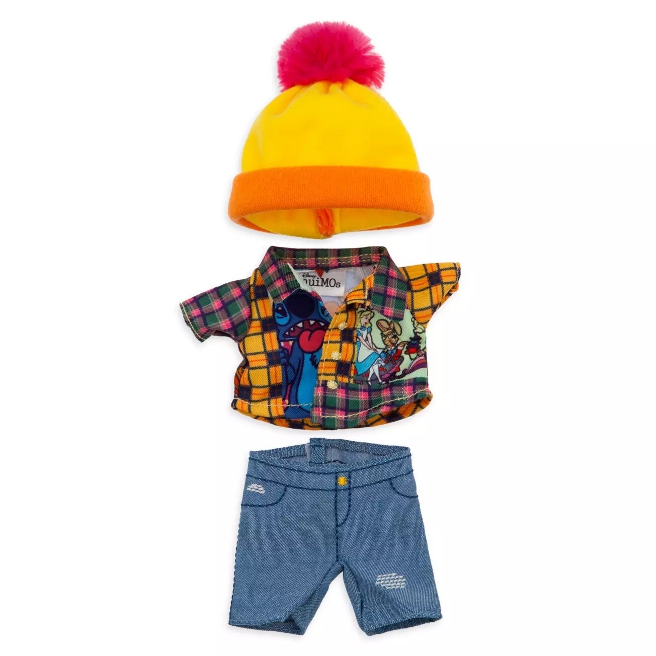 nuiMOs Outfit – Plaid Shirt with Character Art and Denim Jeans with Pom Pom Hat Set