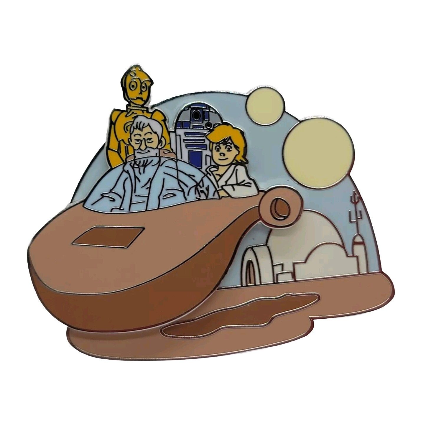 Luke Skywalker, Obi-Wan Kenobi, C-3PO, R2-D2 in Landspeeder Pin
