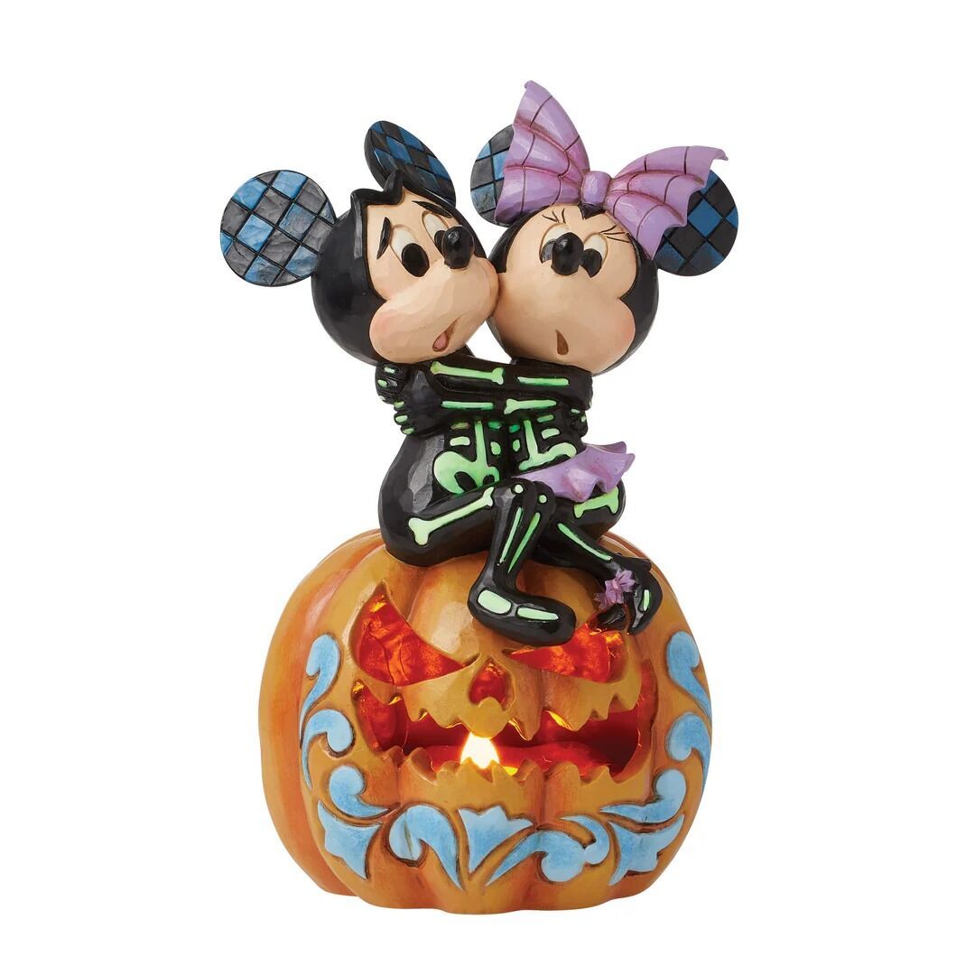 Disney Traditions by Jim Shore - Mickey &amp; Minnie Scared Skeletons LED Pumpkin