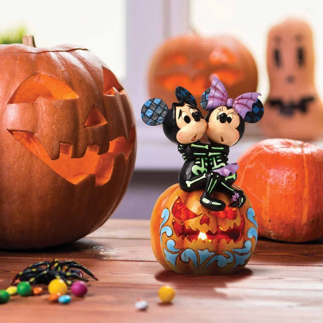 Disney Traditions by Jim Shore - Mickey &amp; Minnie Scared Skeletons LED Pumpkin
