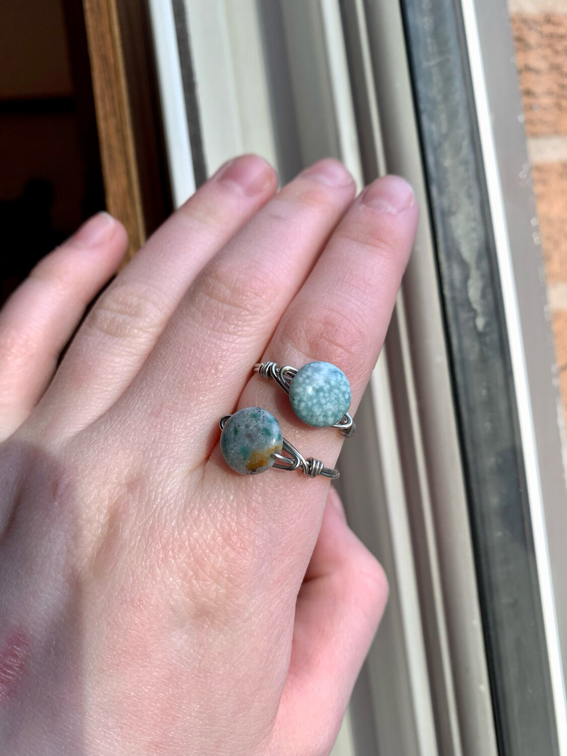 Ocean Jasper Round Bead Silver Rings