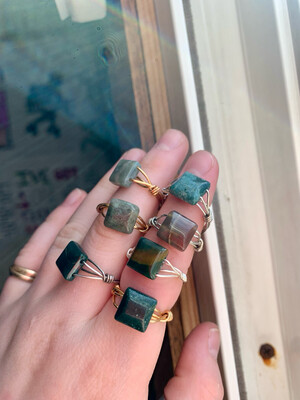 Square Statement Double Drilled Ocean Jasper Rings